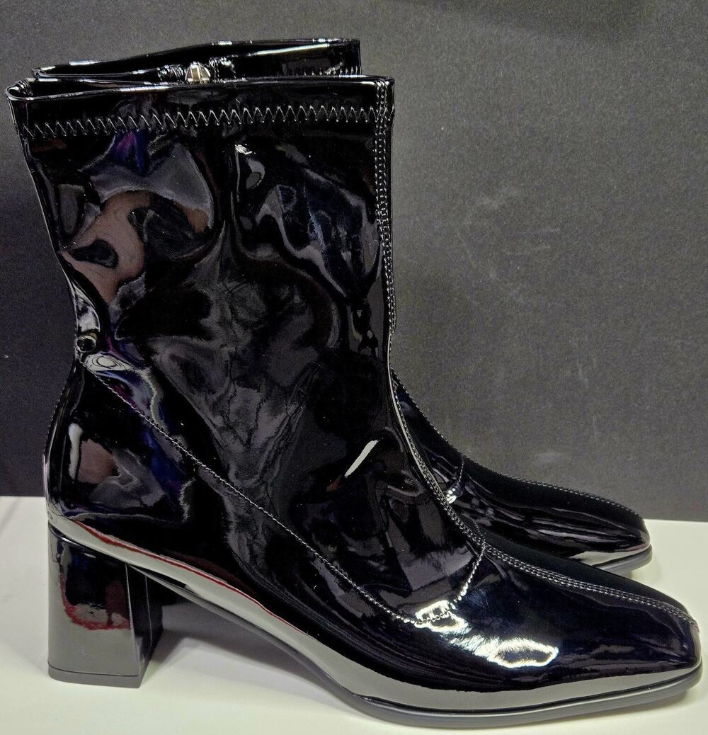 Megnarem Women’s Black Patent Ankle Boots Size 8 Square Toe Block Heel Zip